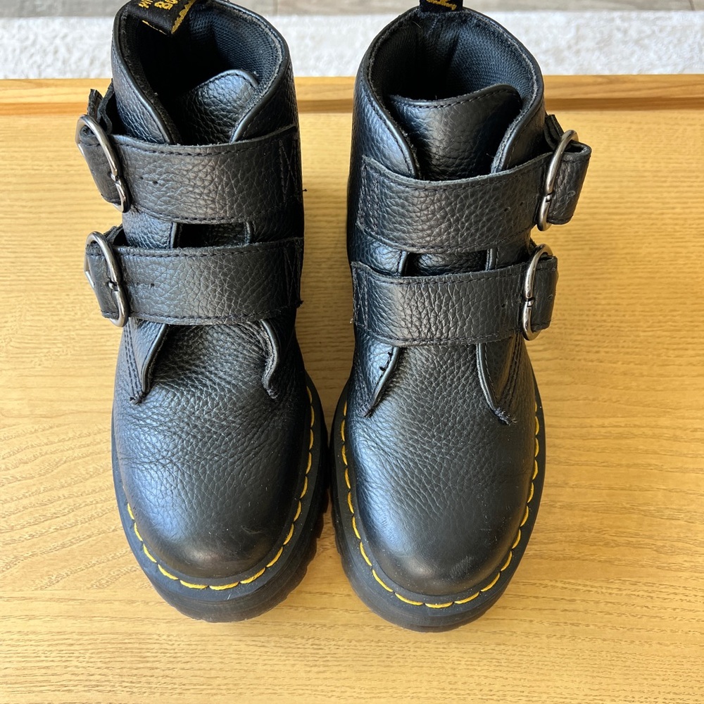 Black Leather Buckle Ankle Boots with Contrast Stitching